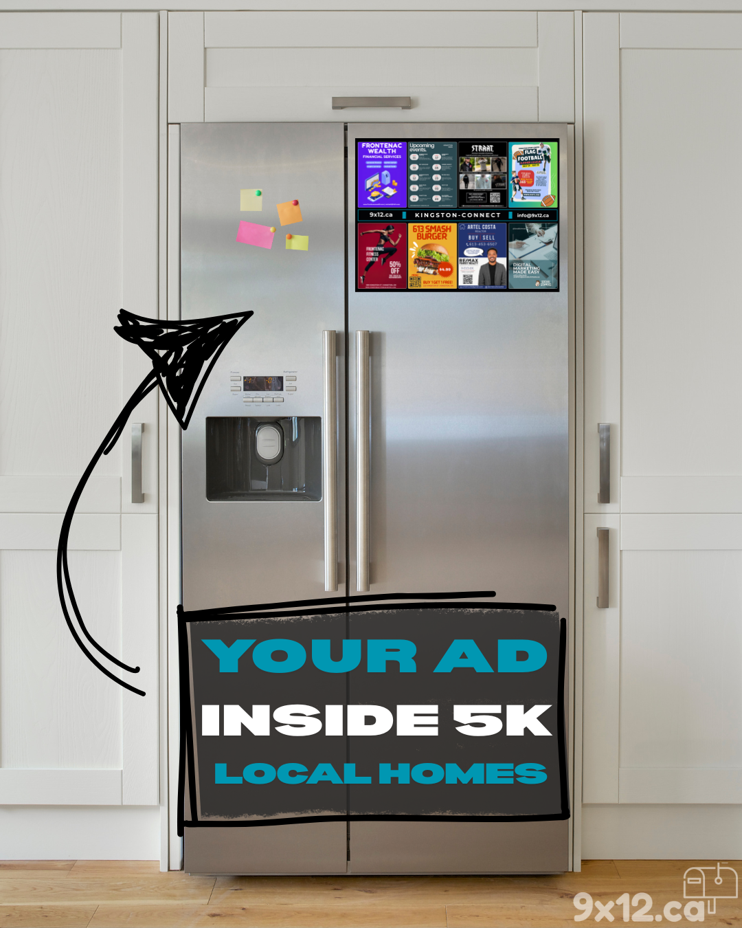 Refrigerator with 9x12 postcards displayed